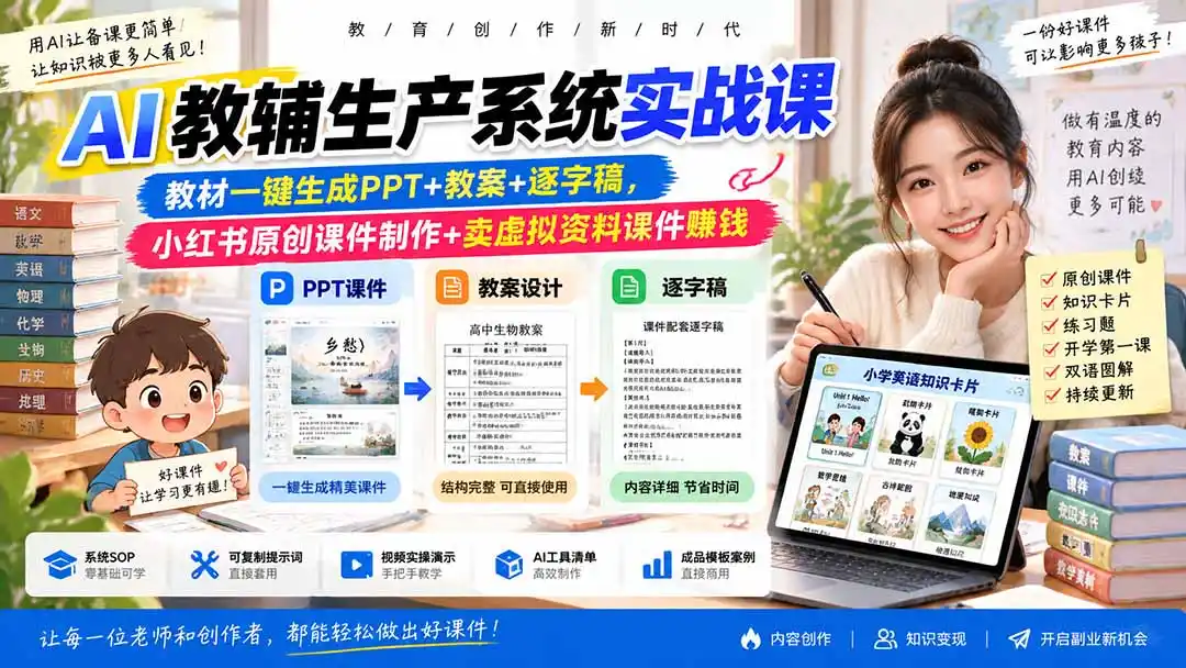 AI教辅生产系统实战课｜教材一键生成PPT+教案+逐字稿，小红书原创课件制作+卖虚拟资料课件赚钱