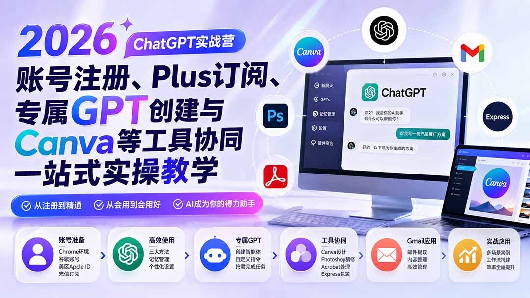 2026 ChatGPT实战营;账号注册、Plus订阅、专属GPT创建与Canva等工具协同一站式实操教学-百盟网