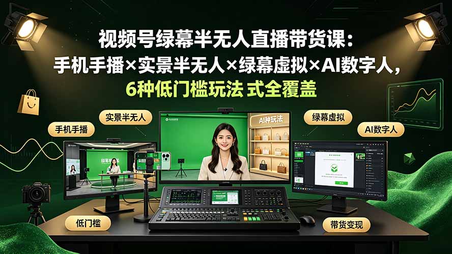 视频号绿幕半无人直播带货课:手机手播×实景半无人×绿幕虚拟×AI数字人,6种低门槛玩法全覆盖-百盟网
