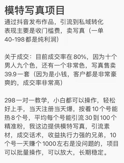 抖音模特写真儿项目，简单粗暴来钱快，一个月2w，可规模化复制（附全套资料）-百盟网