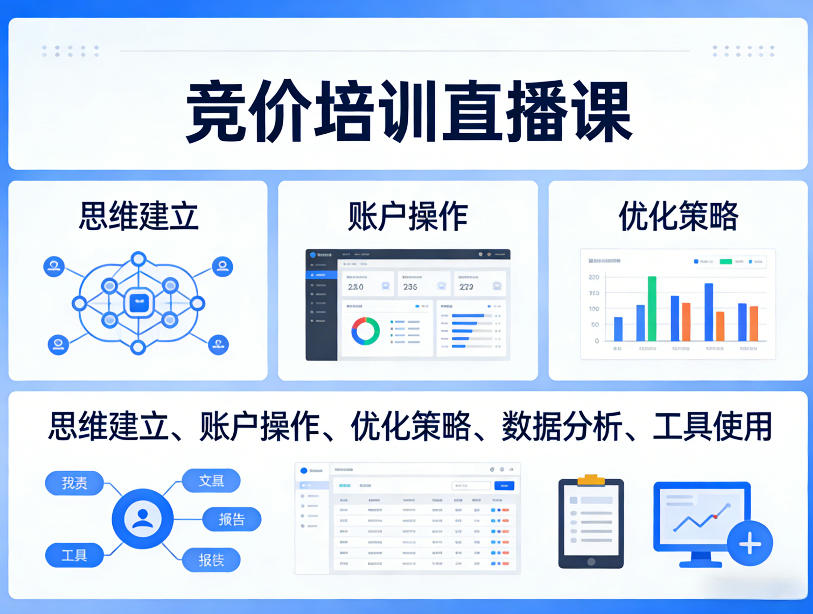 竞价培训直播课,覆盖思维建立、账户操作、优化策略、数据分析、工具使用等,全方位提升效果-百盟网