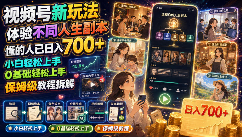 视频号新玩法体验不同人生副本，懂的人已日入700+，小白轻松上手，0基础轻松上手，保姆级教程拆解-百盟网