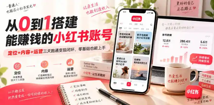 从0到1搭建能賺钱的小红书账号，定位+内容+运营三天跑通变现闭环-百盟网