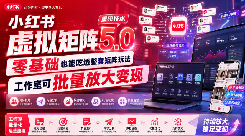 小红书虚拟矩阵5.0重磅技术，零基础也能吃透整套矩阵玩法，工作室可批量放大变现-百盟网
