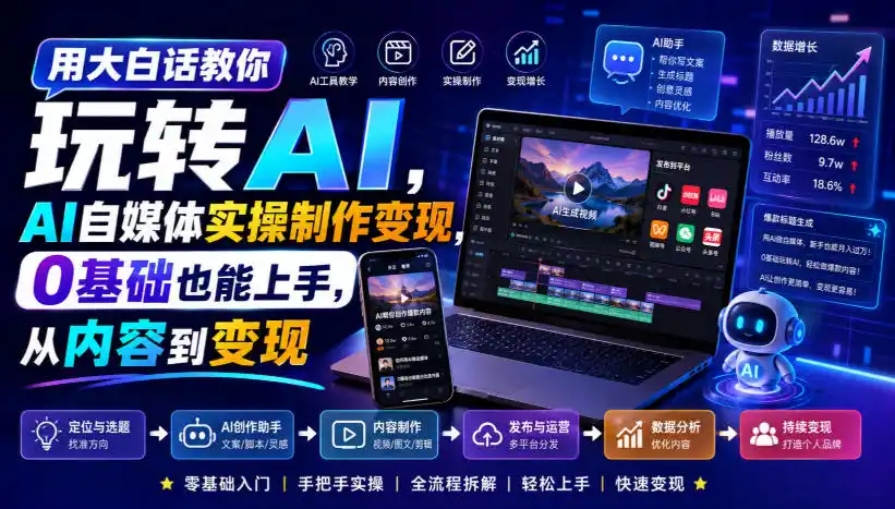 用大白话教你玩转AI，AI自媒体实操制作变现，0基础也能上手，从内容到变现-百盟网
