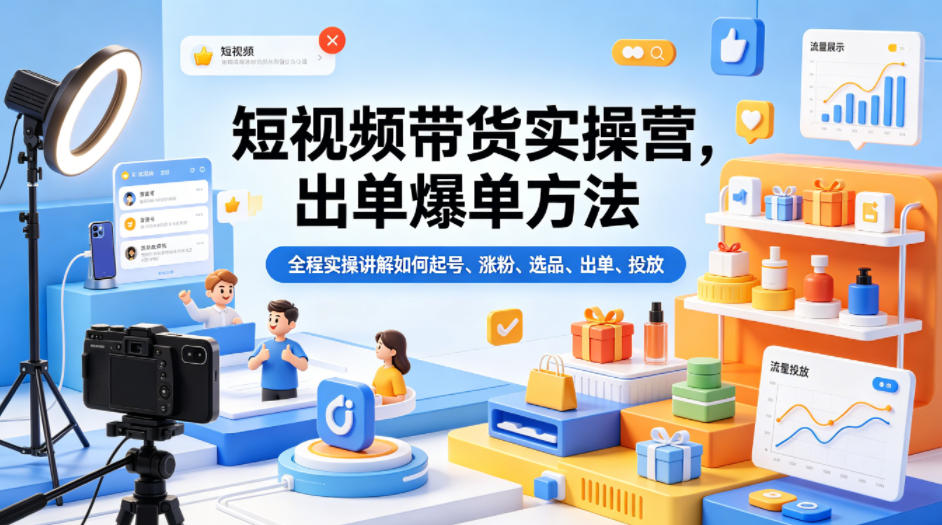 短视频带货实操营，出单爆单方法，全程实操讲解如何起号、涨粉、选品、出单、投放-百盟网