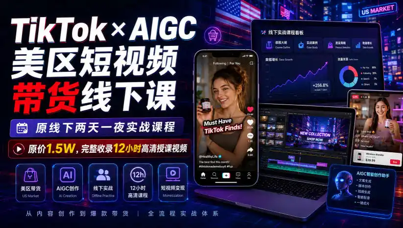 TikTok×AIGC美区短视频带货线下课,原线下两天一夜实战课程,原价1.5W,完整收录12小时高清授课视频