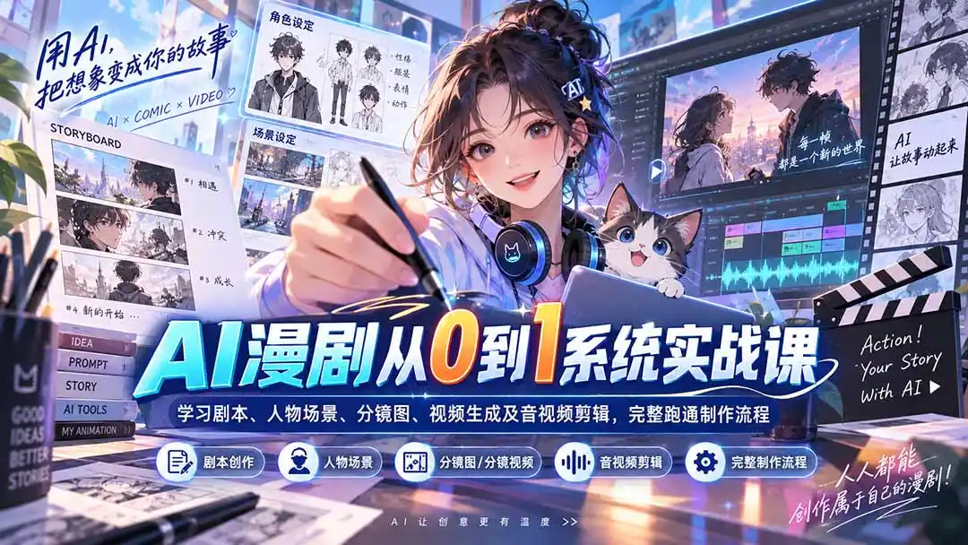 AI漫剧从0到1系统实战课:学习剧本、人物场景、分镜图、视频生成及音视频剪辑,完整跑通制作流程 AI漫剧从0到1系统实战课:学习剧本、人物场景、分镜图、视频生成及音视频剪辑,完整跑通制作流程