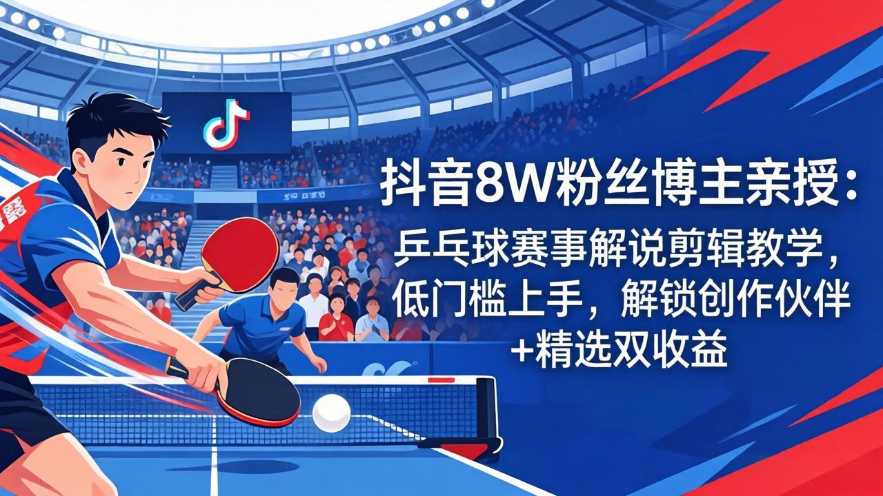 抖音8W粉丝博主亲授：乒乓球赛事解说剪辑教学，低门槛上手，解锁创作伙伴+精选双收益-百盟网