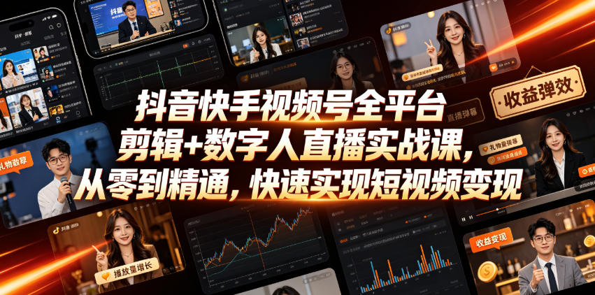 抖音快手视频号全平台剪辑+数字人直播实战课，从零到精通，快速实现短视频变现(更新2026年6月)-百盟网
