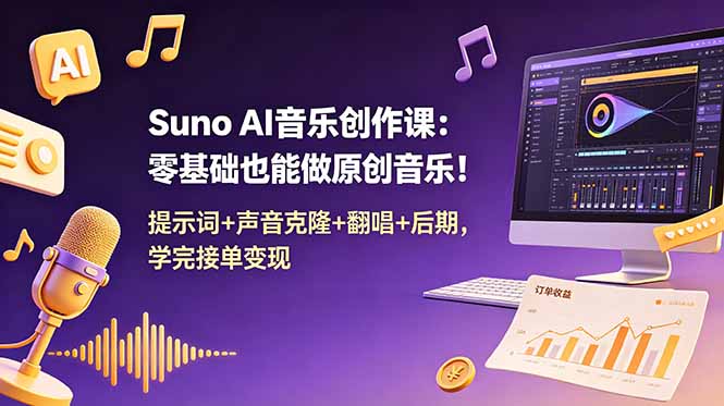 Suno AI音乐创作课:零基础也能做原创音乐!提示词+声音克隆+翻唱+后期,学完接单变现-百盟网
