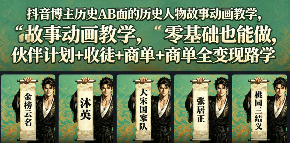 抖音博主历史AB面的历史人物故事动画教学，零基础也能做，伙伴计划+收徒+商单全变现路径教学-百盟网