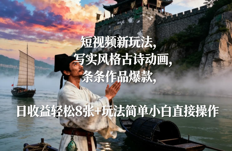 短视频新玩法，写实风格古诗动画，条条作品爆款，日收益轻松8张+玩法简单小白直接操作-百盟网