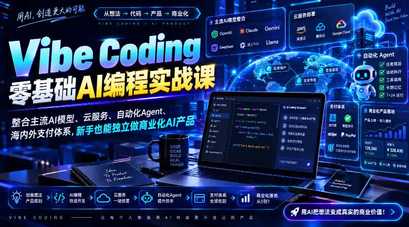 Vibe Coding零基础AI编程实战课-无水印，整合主流AI模型、云服务、自动化Agent、海内外支付体系，新手也能独立做商业化AI产品-百盟网