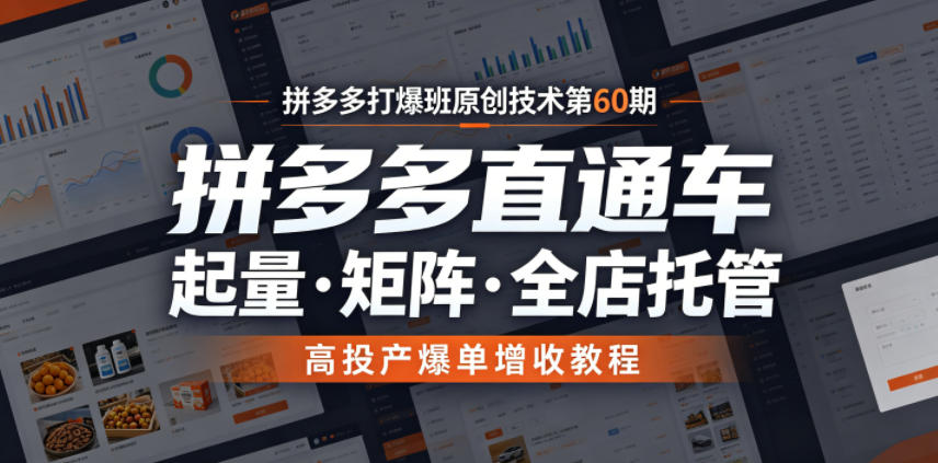 拼多多打爆班原创技术第60期，拼多多直通车，起量・矩阵・全店托管，高投产爆单增收教程-百盟网