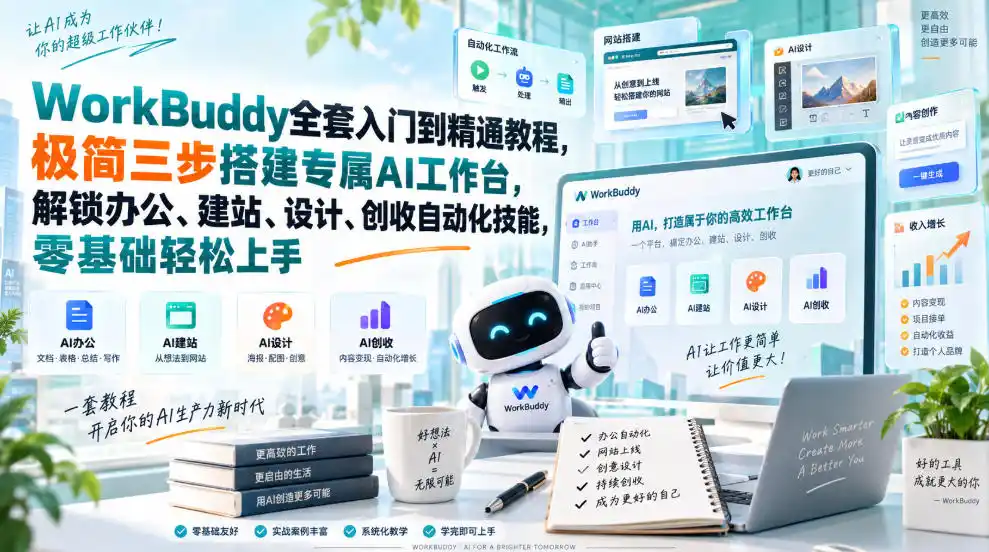WorkBuddy全套入门到精通教程，极简三步搭建专属AI工作台，解锁办公、建站、设计、创收自动化技能，零基础轻松上手-百盟网
