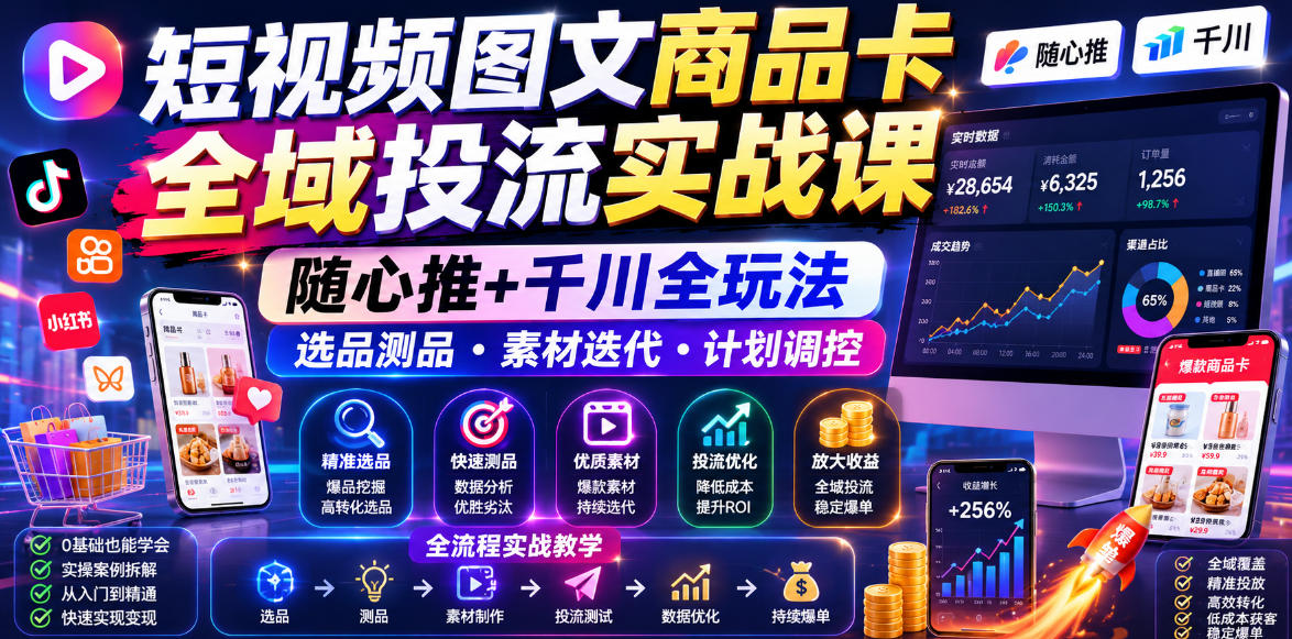 短视频图文商品卡全域投流实战课，随心推+千川全玩法，选品测品・素材迭代・计划调控，提升ROI爆单增收教程-百盟网
