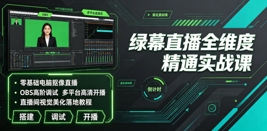 绿幕直播全维度精通实战课|零基础电脑抠像直播、OBS高阶调试、多平台高清开播、直播间视觉美化落地教程-百盟网