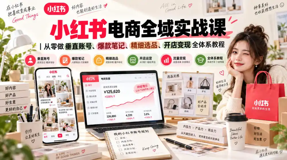 小红书电商全域实战课｜从零做垂直账号、爆款笔记、精细选品、开店变现全体系教程-百盟网