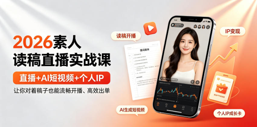 2026素人读稿直播实战课｜直播+AI短视频+个人IP，让你对着稿子也能流畅开播、高效出单-百盟网