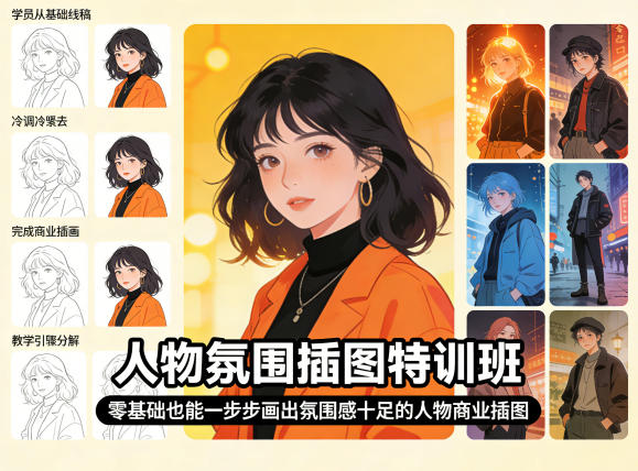 人物氛围插图特训班,零基础也能一步步画出氛围感十足的人物商业插图-百盟网
