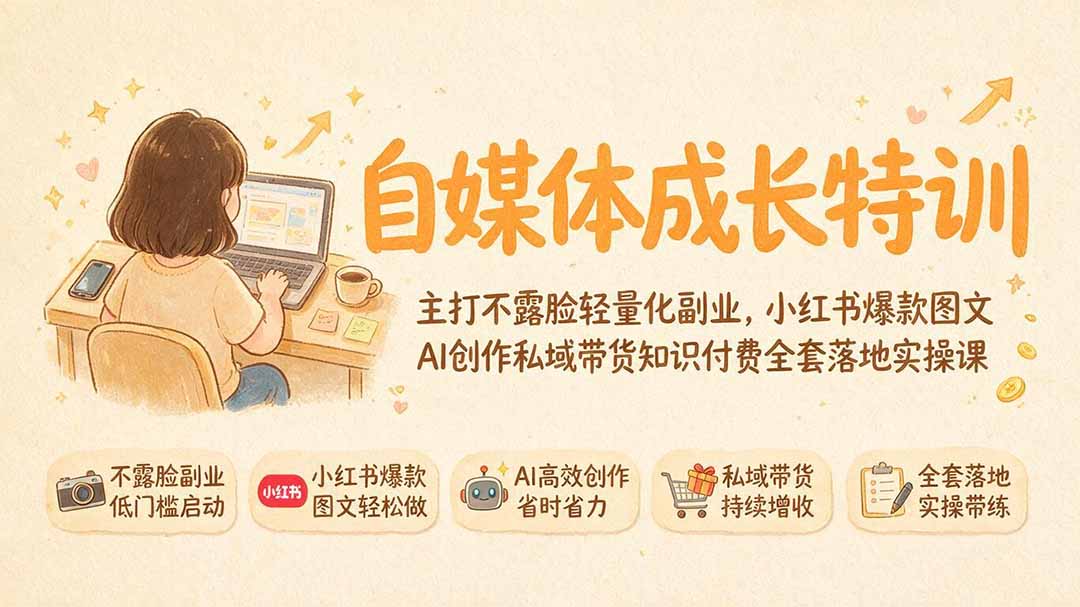 自媒体成长特训|主打不露脸轻量化副业,小红书爆款图文AI创作私域带货知识付费全套落地实操课-百盟网