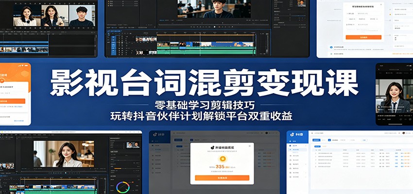 影视台词混剪变现课:零基础学习剪辑技巧,玩转抖音伙伴计划解锁平台双重收益-百盟网