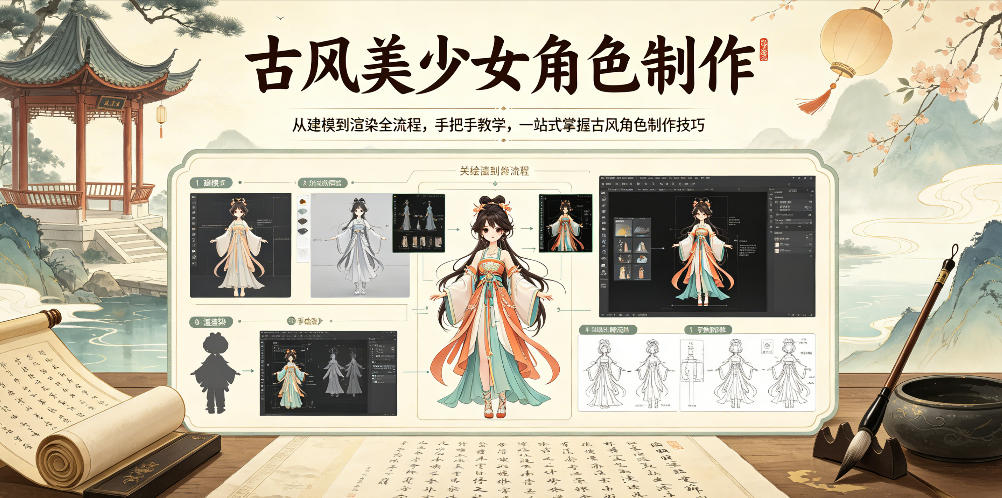 古风美少女角色制作,从建模到渲染全流程,手把手教学,一站式掌握古风角色制作技巧-百盟网