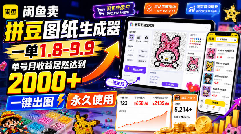 闲鱼卖拼豆图纸生成器，一单1.8-9.9，单号月收益居然达到2000+一键出图永久使用