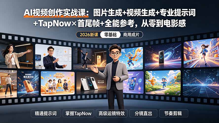 AI视频创作实战课：图片生成+视频生成+专业提示词+TapNow×首尾帧+全能参考，从零到电影感成片-百盟网