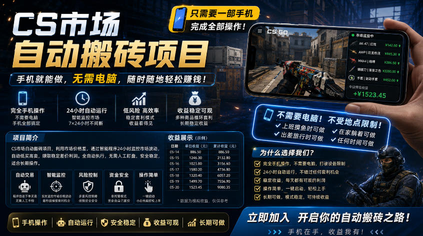 手机即可操作的CS市场自动搬砖系统|自动监控|自动下单|日入300+【揭秘】-百盟网