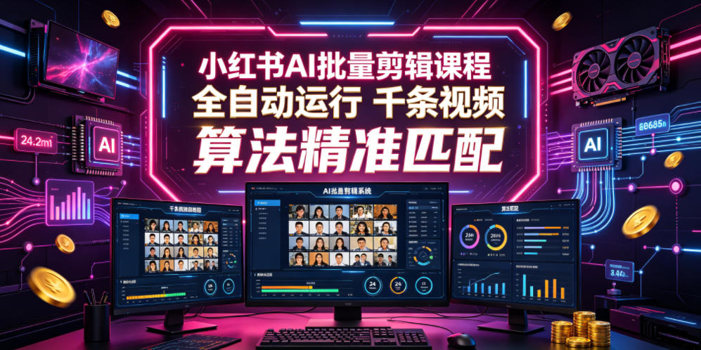 小红书AI批量剪辑课程，24小时全自动运行，解放双手专注运营，千条视频批量处理，小红书算法精准匹配-百盟网