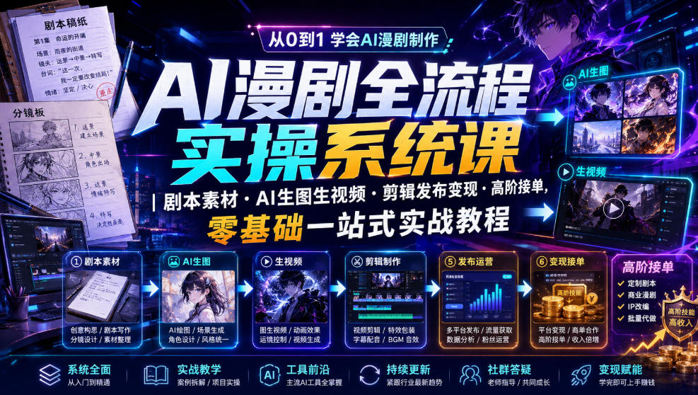 AI漫剧全流程实操系统课｜剧本素材・AI生图生视频・剪辑发布变现・高阶接单，零基础一站式实战教程-百盟网
