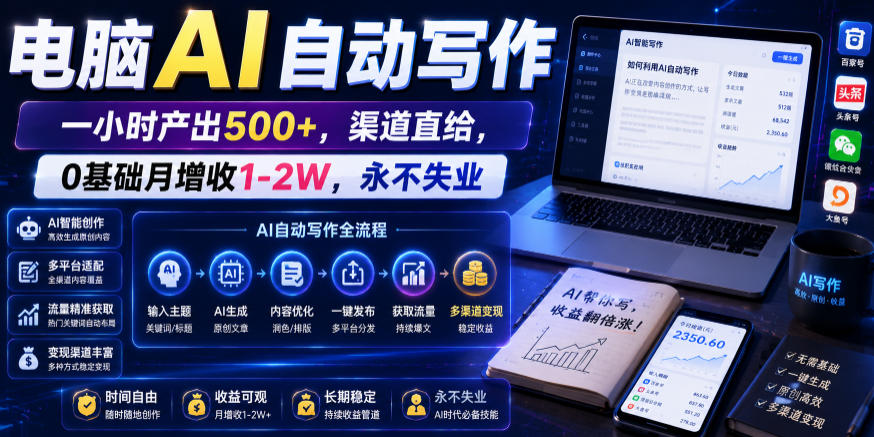 电脑AI自动写作，一小时产出500+，渠道直给，0基础月增收1-2W，永不失业【揭秘】-百盟网
