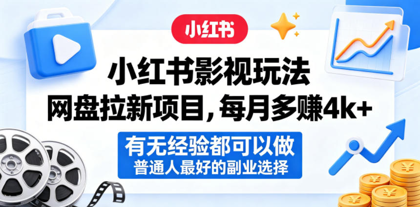 小红书影视玩法网盘拉新项目，每月多賺4k+，有无经验都可以做，普通人最好的副业选择-百盟网