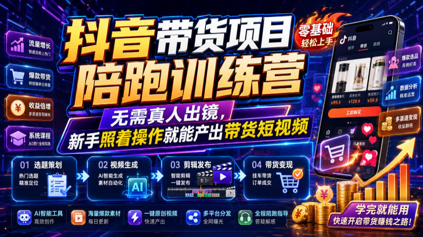 抖音带货项目陪跑训练营,无需真人出镜,新手照着操作就能产出带货短视频-百盟网