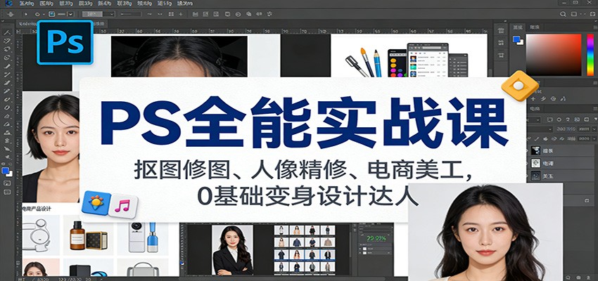PS全能实战课：抠图修图、人像精修、电商美工，0基础变身设计达人-百盟网