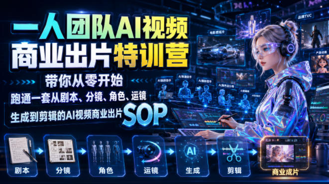 一人团队AI视频商业出片实战课:带你从零开始跑通一套从剧本、分镜、角色、运镜、生成到剪辑的AI视频商业出片SOP-百盟网