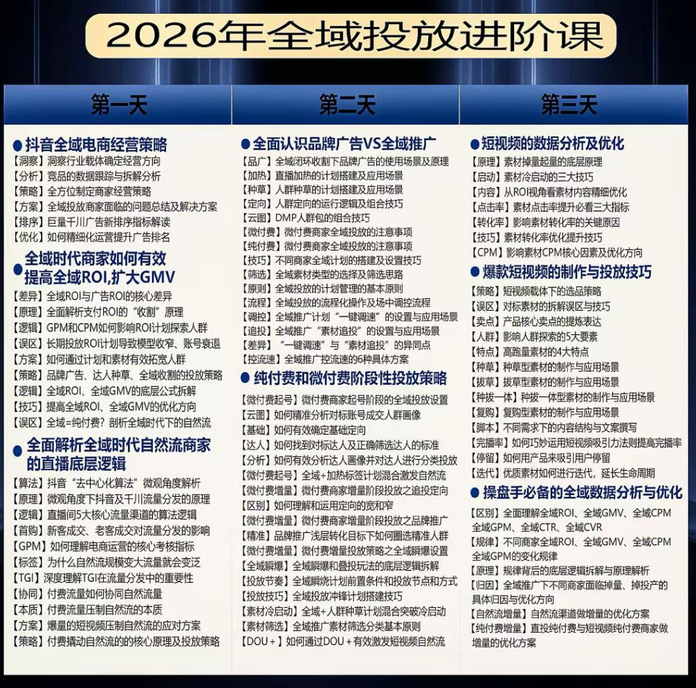 千川扫地僧2026抖音全域投放进阶课，少走弯路·快速起量·掌控增长，6月12-14号杭州线下课-百盟网