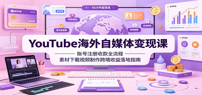 YouTube海外自媒体变现课:账号注册收款全流程,素材下载视频制作跨境收益落地指南-百盟网