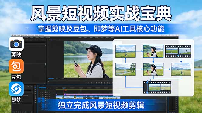 风景短视频实战宝典：掌握剪映及豆包、即梦等AI工具的核心功能，独立完成风景短视频剪辑-百盟网