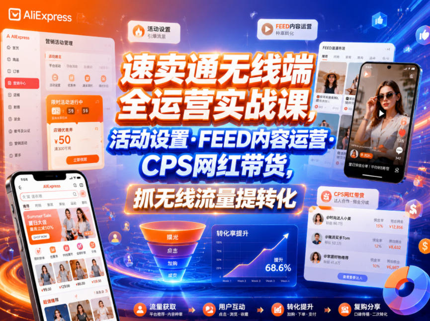 速卖通无线端全运营实战课，活动设置・FEED内容运营・CPS网红带货，抓无线流量提转化-百盟网