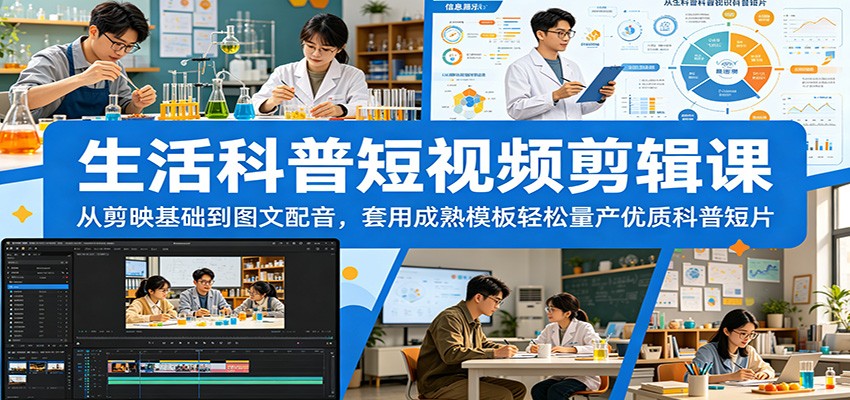 生活科普短视频剪辑课：从剪映基础到图文配音，套用成熟模板轻松量产优质科普短片-百盟网