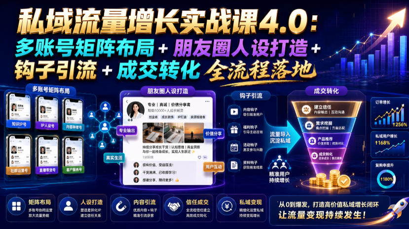 私域流量增长实战课4.0:多账号矩阵布局+朋友圈人设打造+钩子引流+成交转化全流程落地-百盟网