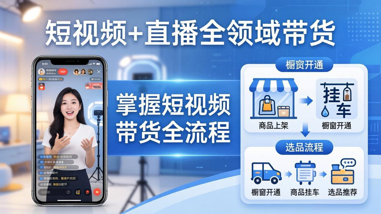 短视频+直播全领域带货-更新：掌握橱窗开通、挂车、选品、爆款文案改编等短视频带货全流程-百盟网