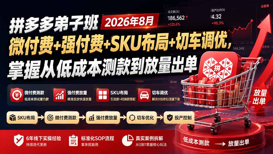 拼多多弟子班2026年8月:微付费+强付费+SKU布局+切车调优,掌握从低成本测款到放量出单-百盟网