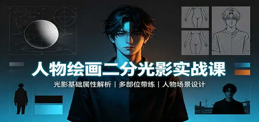 人物绘画二分光影实战课：光影基础属性解析，多部位带练，人物场景设计-百盟网
