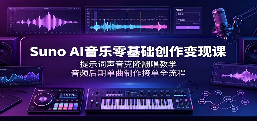 Suno AI音乐零基础创作变现课：提示词声音克隆翻唱教学，音频后期单曲制作接单全流程-百盟网