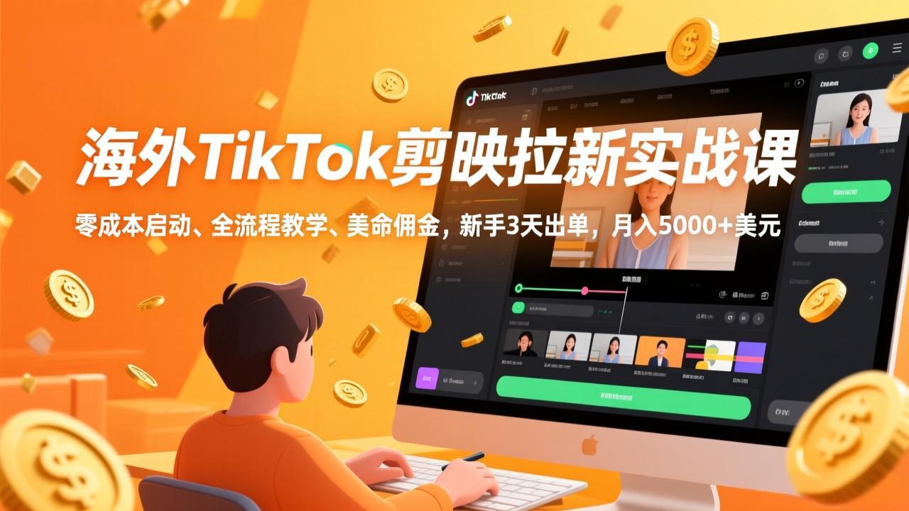 海外TikTok剪映拉新实战课，零成本启动、全流程教学、美金佣金，新手3天出单，月入5000+美元-百盟网