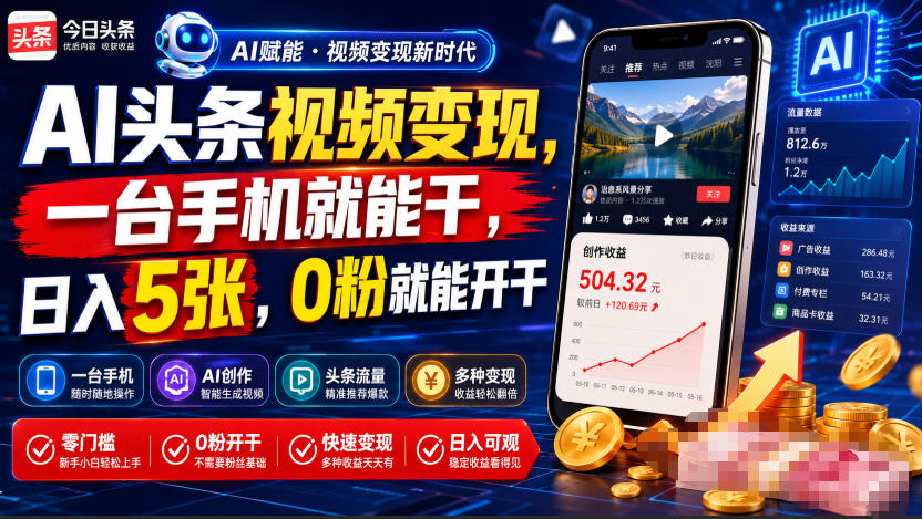 AI头条视频变现，一台手机就能干，日入5张，0粉就能开干-百盟网